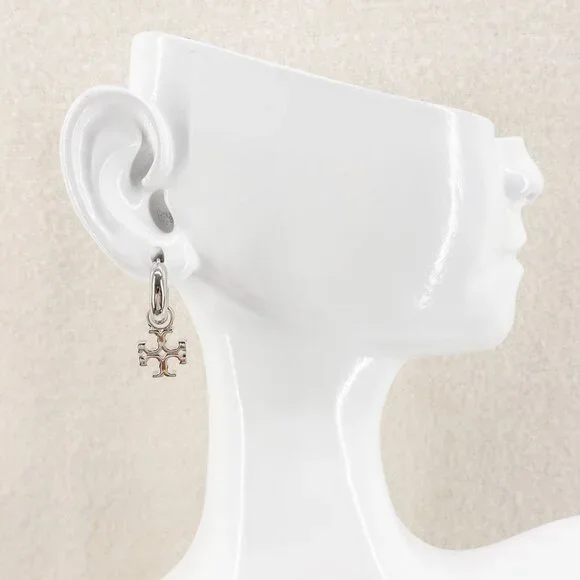 Tory Burch Kira Logo Drop Huggie Hoop Earrings Silver OS - Picture 5 of 7